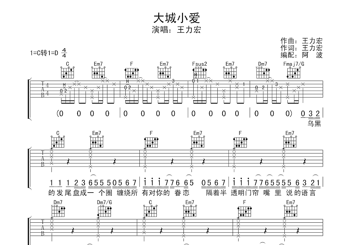 大城小爱吉他谱-王力宏-C调超原版-吉他弹唱六线谱-吉他控