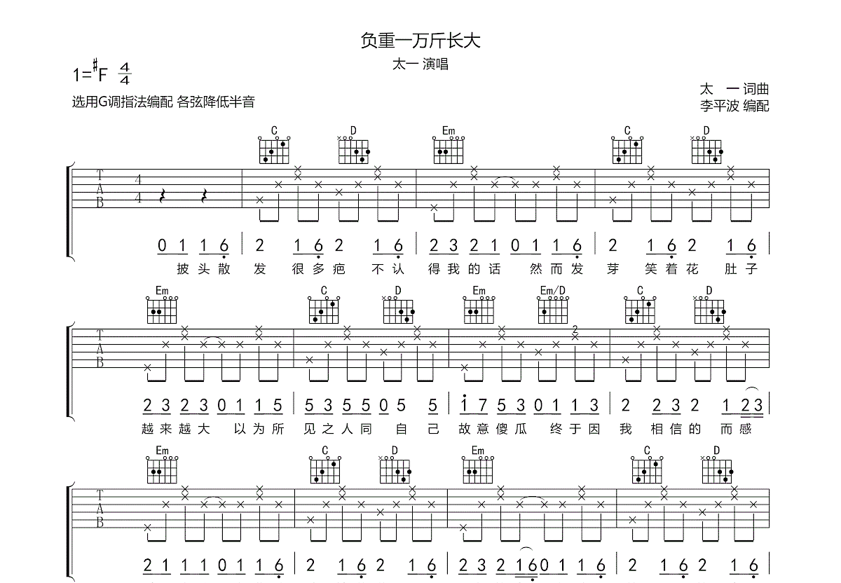 负重一万斤长大吉他谱图片