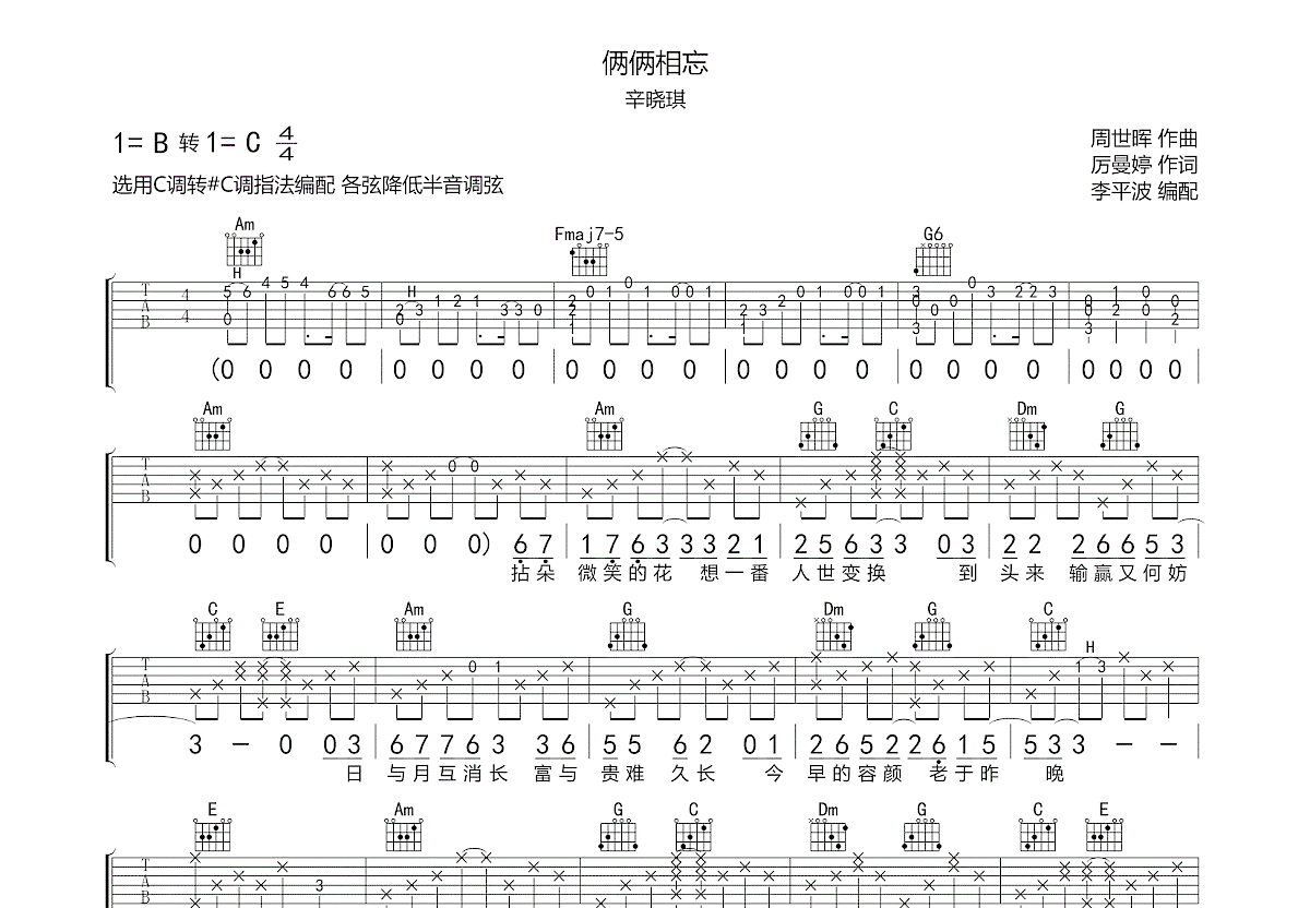 俩俩相忘吉他谱_辛晓琪_c调弹唱86%专辑版 - 吉他世界