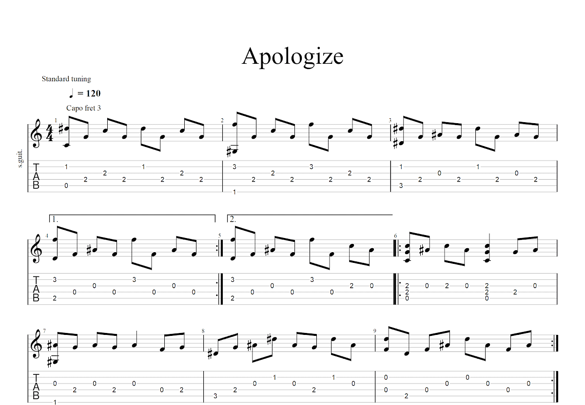 Apologize吉他谱(gtp谱,指弹,简单版)_OneRepublic(共和时代;一体共和)