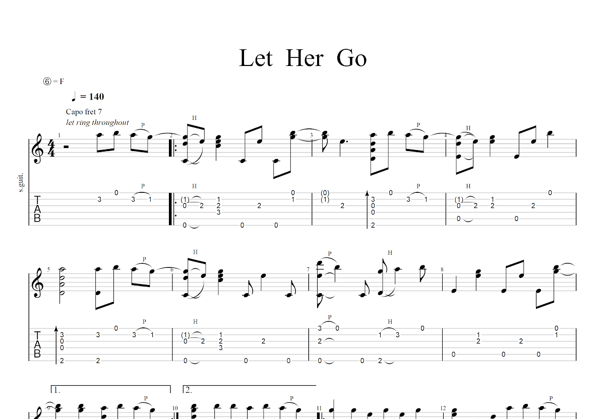 let her go吉他谱 E调六线谱-高清版-Passenger-吉他源