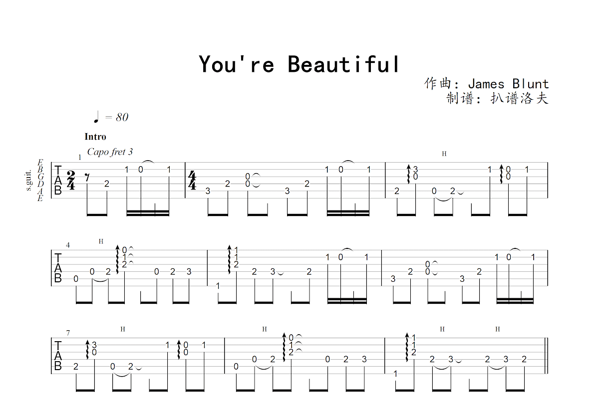 简谱吉他谱《You Are Beautiful》图片 - C调编配 - 初级和弦谱(弹唱谱) - 吉他简谱