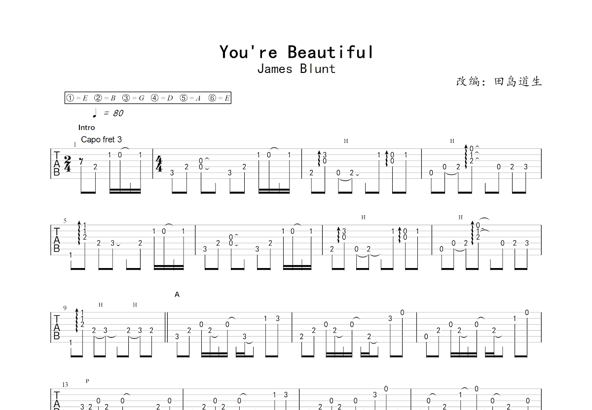《You Are Beautiful（尤克里里弹唱谱）》,James Blunt（六线谱 调六线吉他谱-虫虫吉他谱免费下载