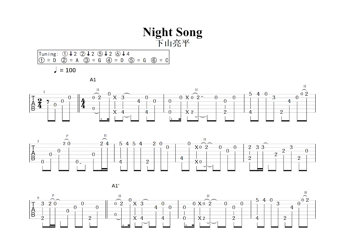 Night Song吉他谱_下山亮平_C调指弹 - 吉他世界