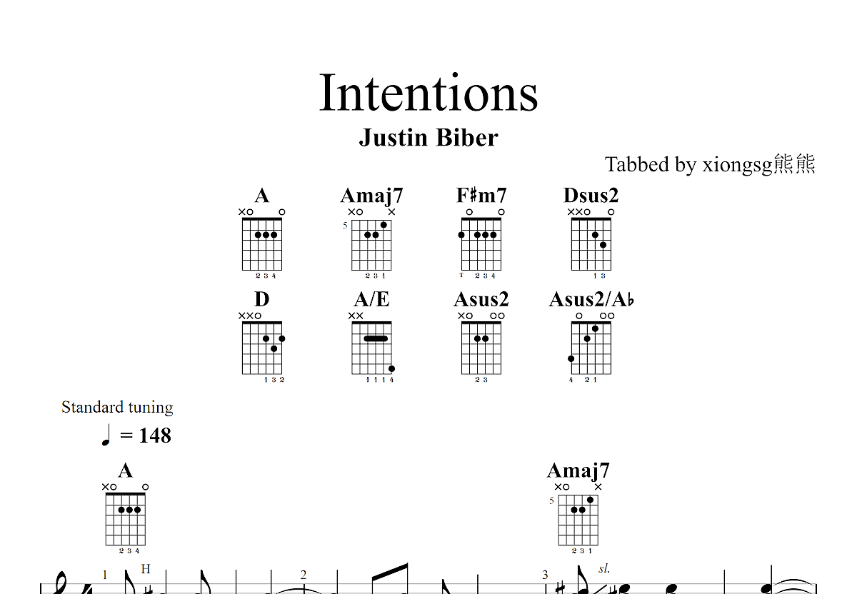 intentions吉他谱简单图片