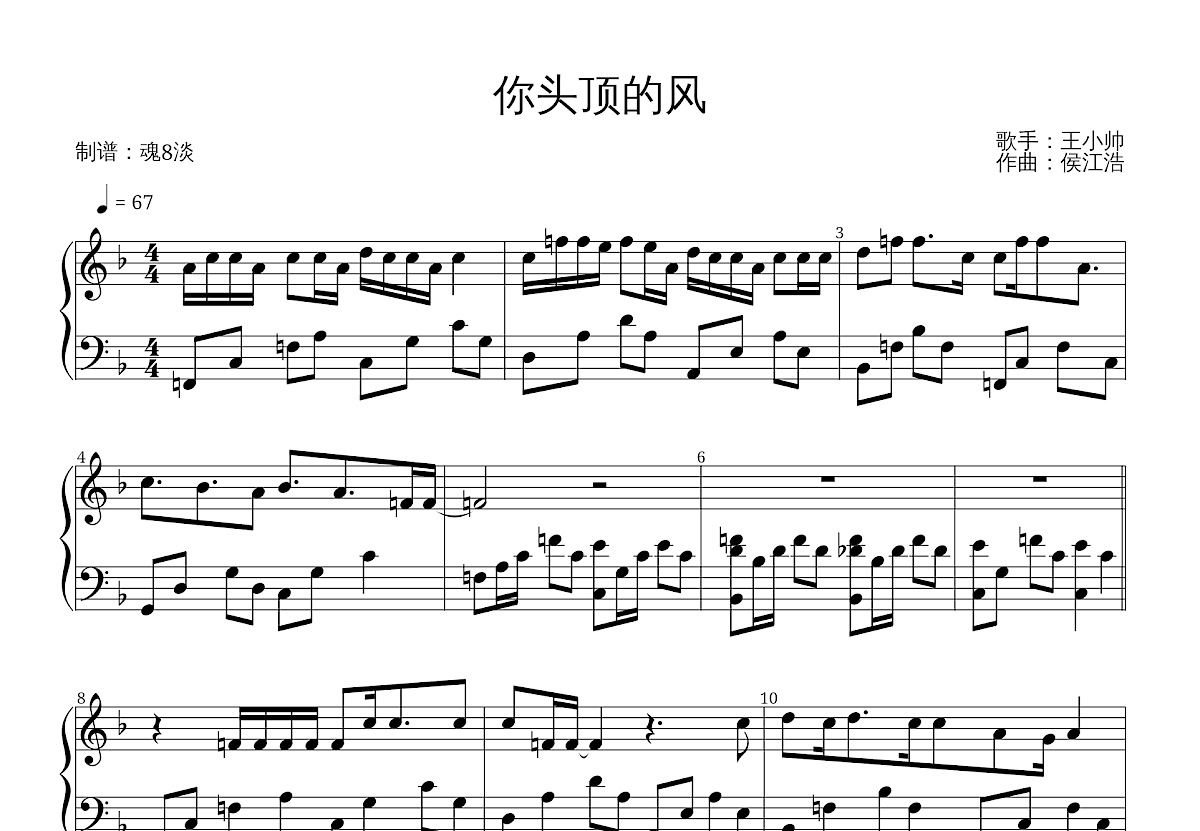 你头顶的风钢琴谱_王小帅_f调独奏 - 吉他世界