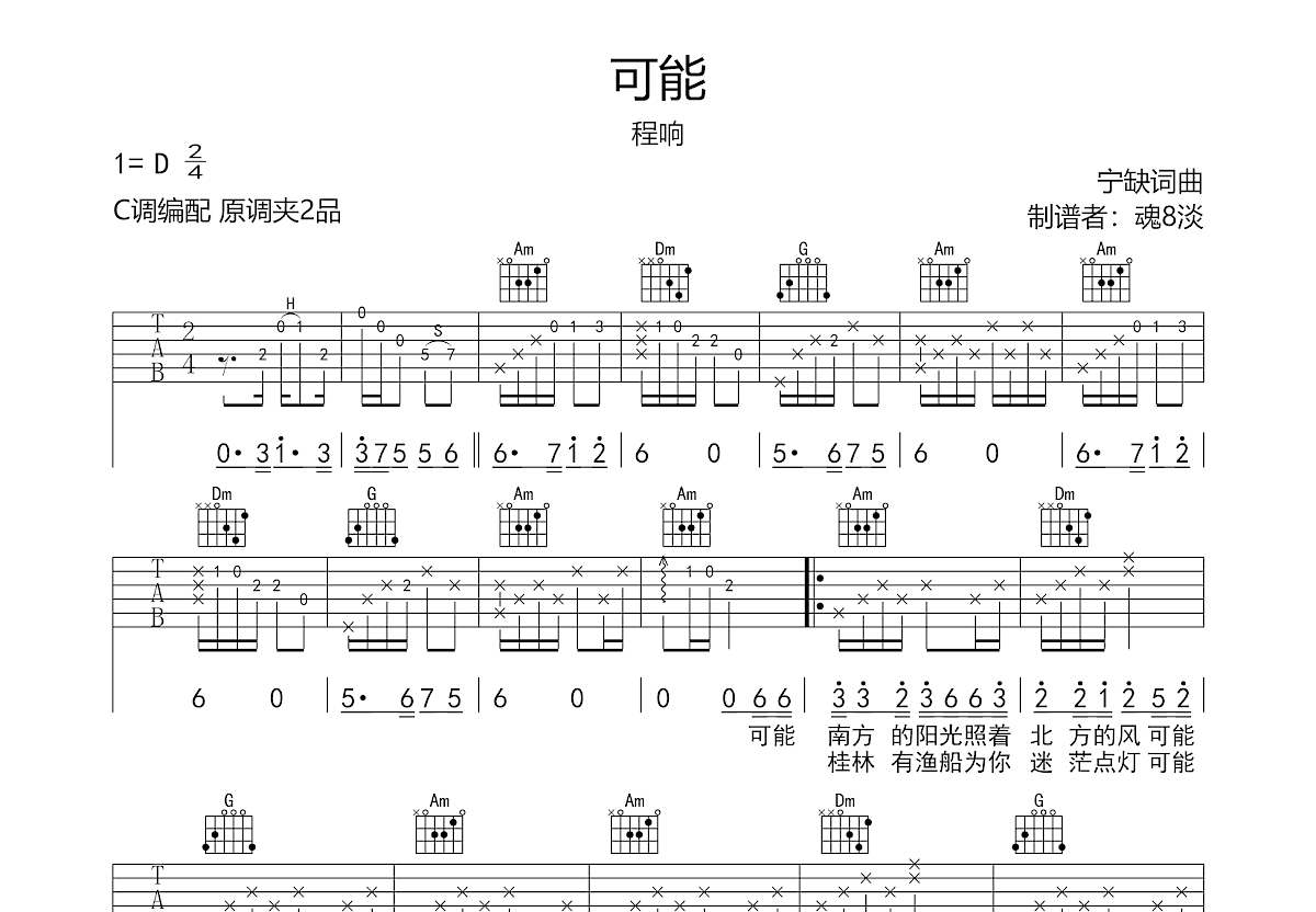 可能吉他谱 曾雪雅 C♯/D♭调民谣弹唱谱-吉他谱中国