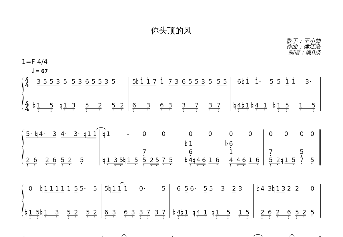 你头顶的风钢琴谱简谱图片