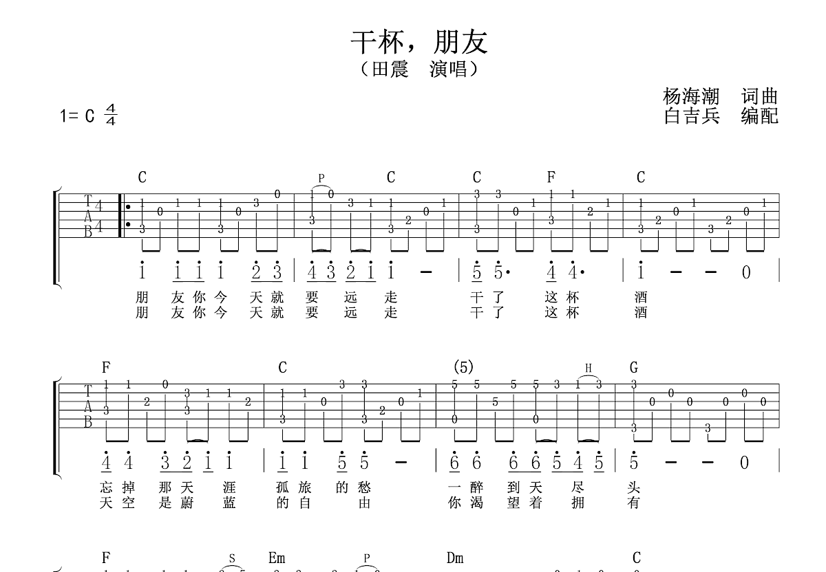 田震《干杯朋友》吉他谱(A调)-Guitar Music Score-看乐谱网