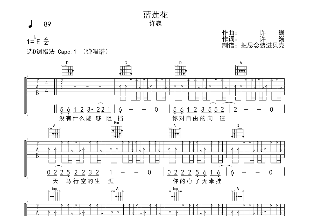 许巍 - 蓝莲花（必弹吉他） [伴奏 弹唱 简单版 扫弦] 吉他谱