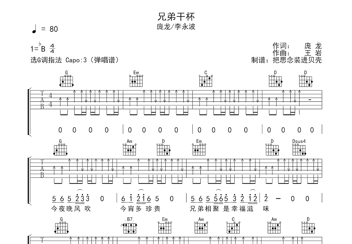 田震的歌谱吉他谱《干杯朋友》C调 - 初级和弦谱(弹唱谱) - 吉他简谱