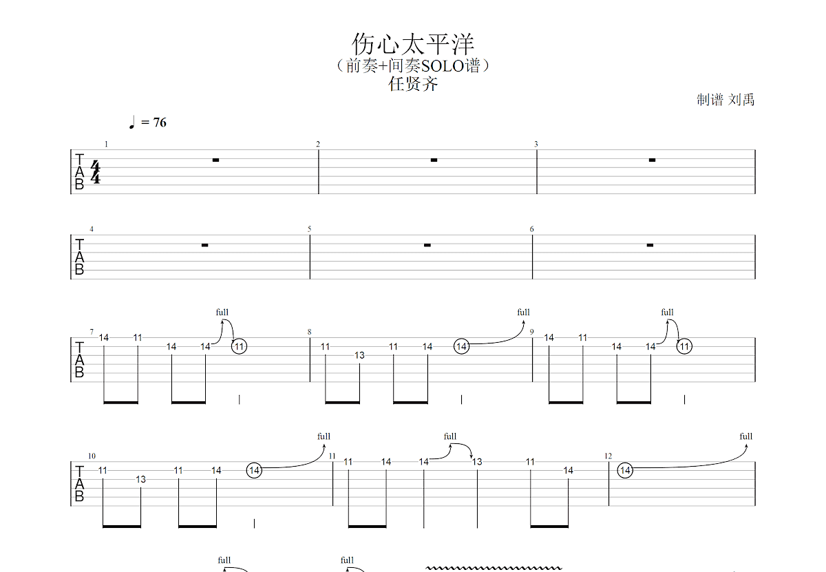《伤心太平洋》吉他谱-任贤齐（扫弦谱+和弦简谱） | 汤米吉他