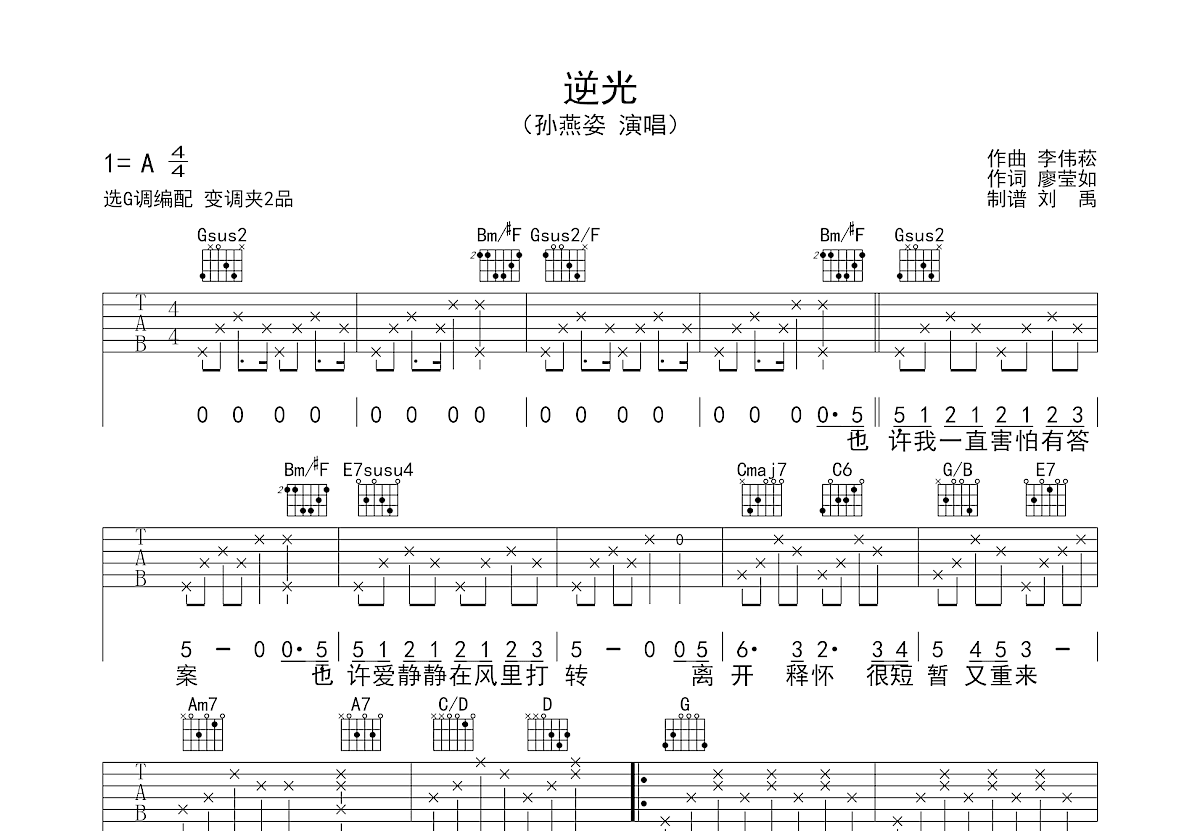 逆光吉他谱,原版孙燕姿歌曲,简单G调指弹曲谱,高清六线乐谱_ 吉他坊