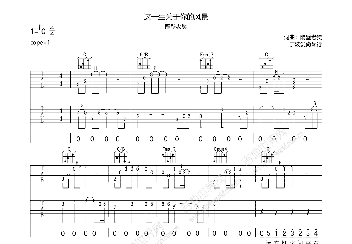 这一生关于你的风景吉他谱_隔壁老樊_c调弹唱93%原版 - 吉他世界