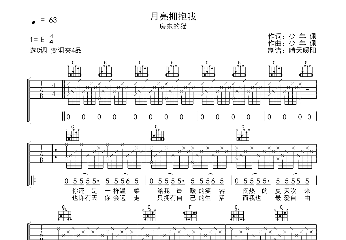月亮拥抱我吉他谱_房东的猫c调弹唱74%原版_晴天暖阳up 吉他世界