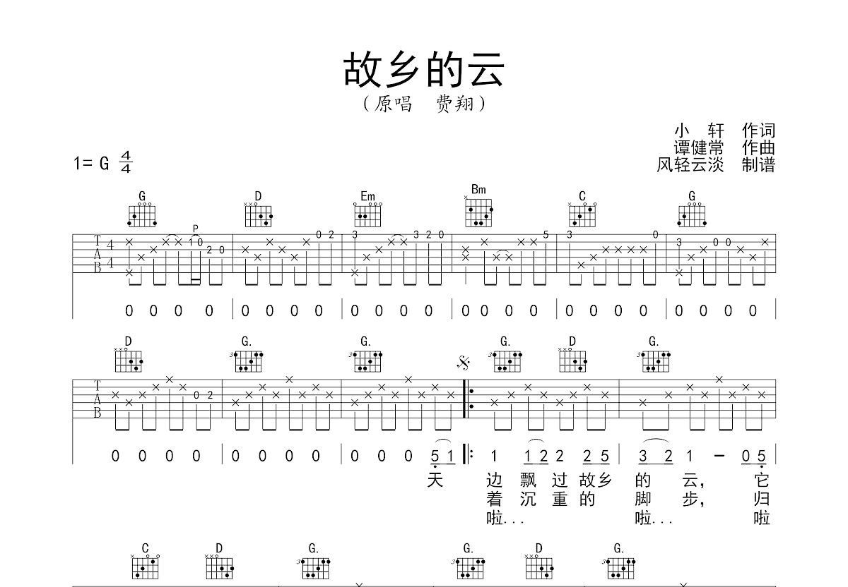 费翔 - 故乡的云 [弹唱] 吉他谱