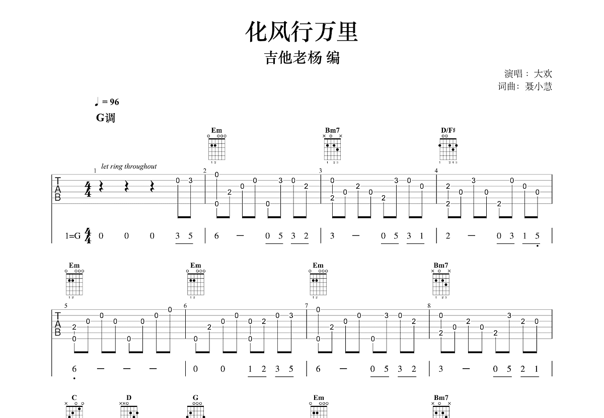 起风了（指弹简单版）吉他谱 周深 入门F♯/G♭大调流行 指弹谱-吉他谱中国
