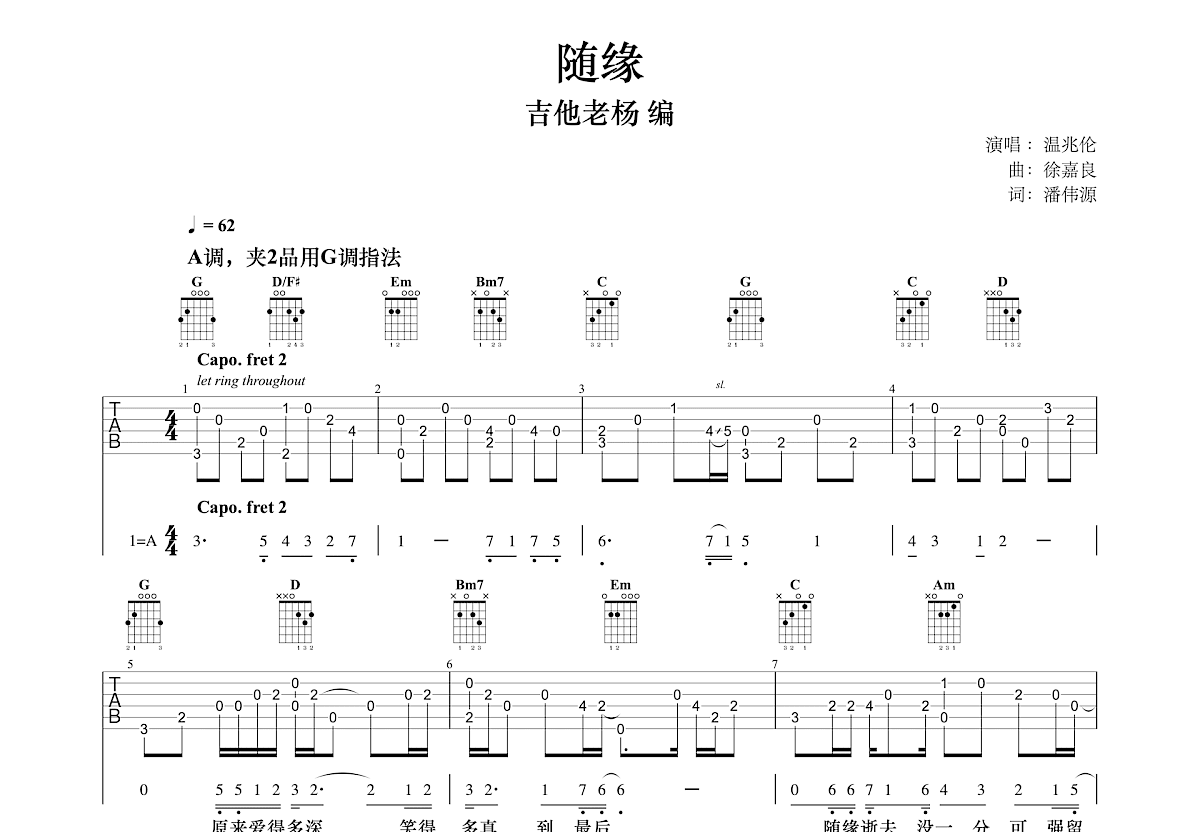 随缘吉他谱_温兆伦_G调指弹 - 吉他世界