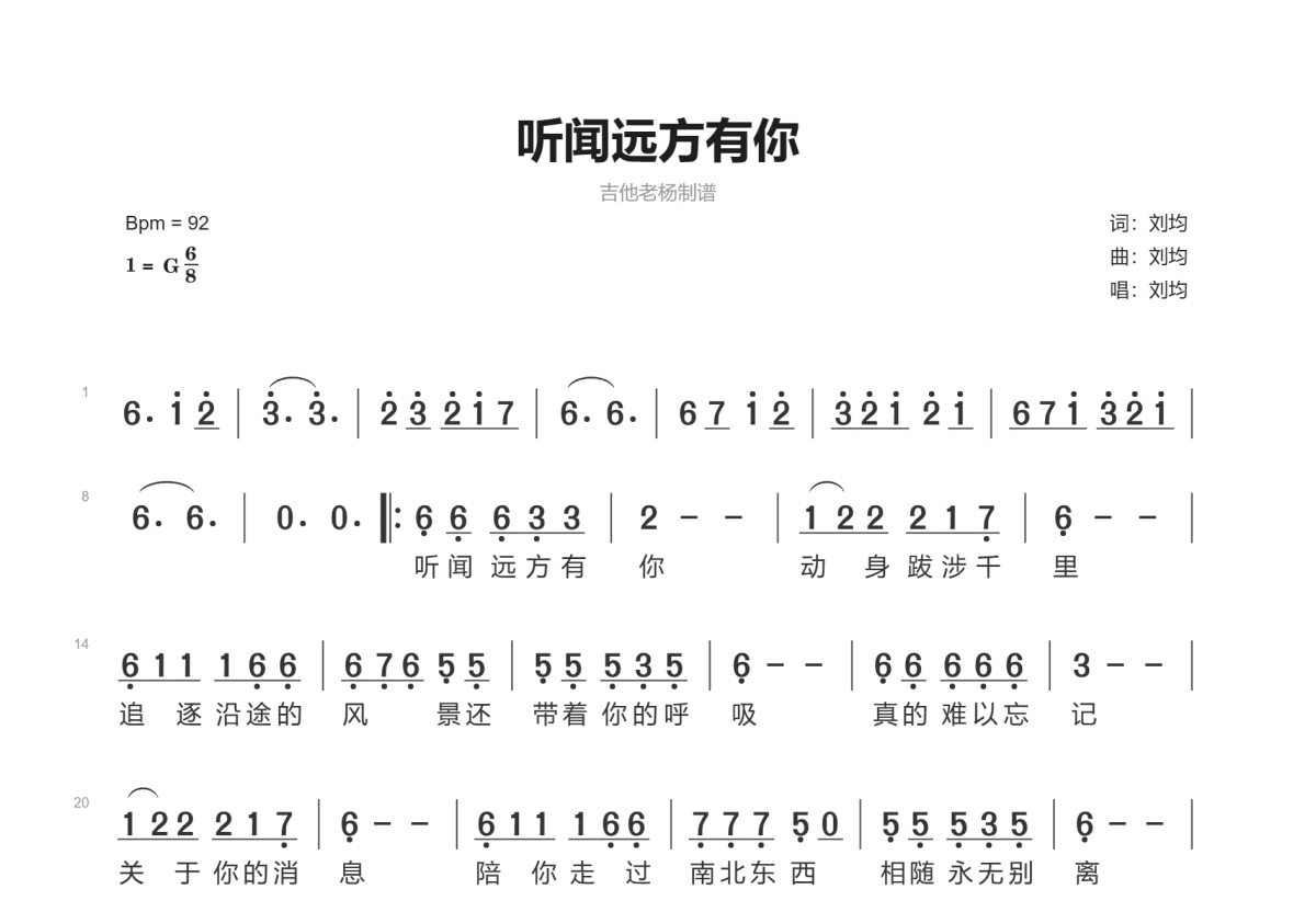 听闻远方有你简谱_刘均 - 吉他世界