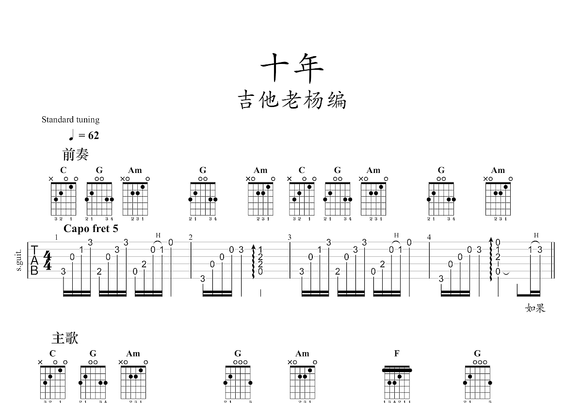 十年吉他谱_陈奕迅c调指弹_吉他老杨up 吉他世界