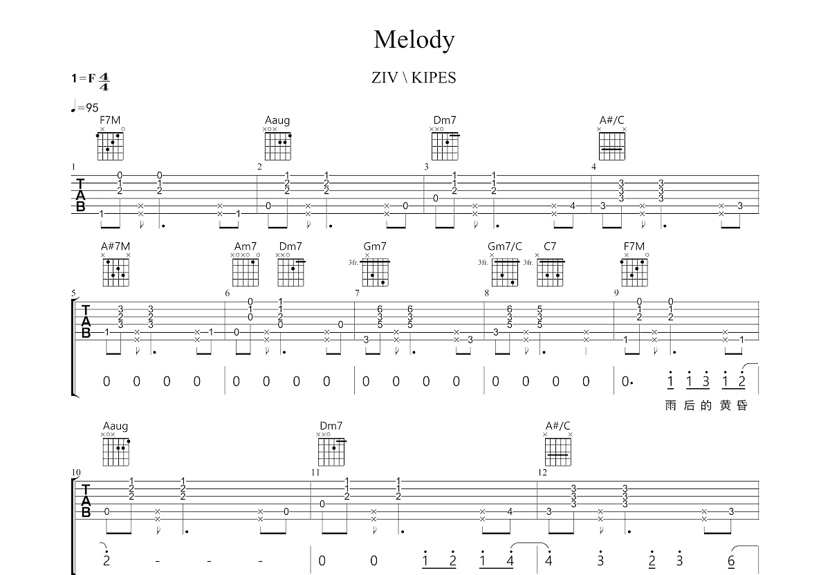 melody吉他谱c调版图片