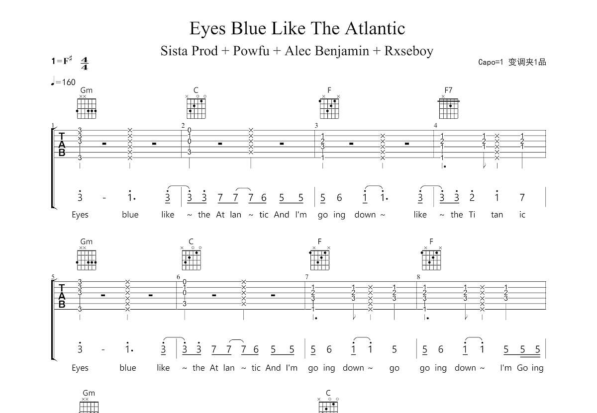 Eyes Blue Like The Atlantic吉他谱_Alec Benjamin,Powfu,Sista Prod,Rxseboy_F
