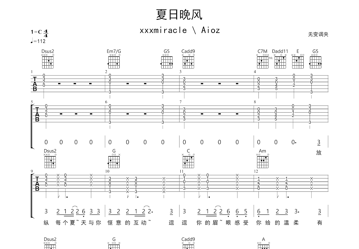 伍佰《夏夜晚风》吉他谱(C调)-Guitar Music Score-看谱啦