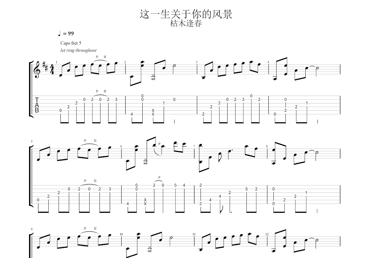 這一生關於你的風景吉他譜_枯木逢春_a調指彈 - 吉他世界