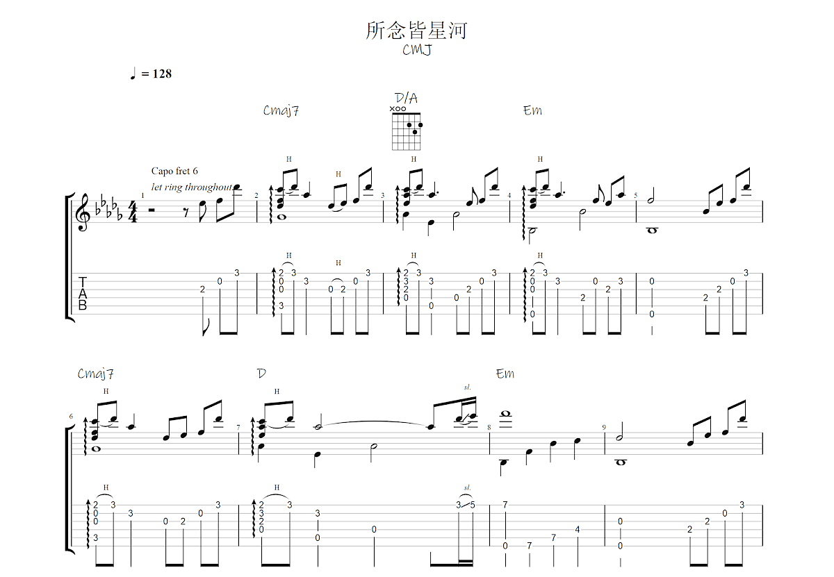 所念皆星河吉他谱_cmj_g调指弹 - 吉他世界