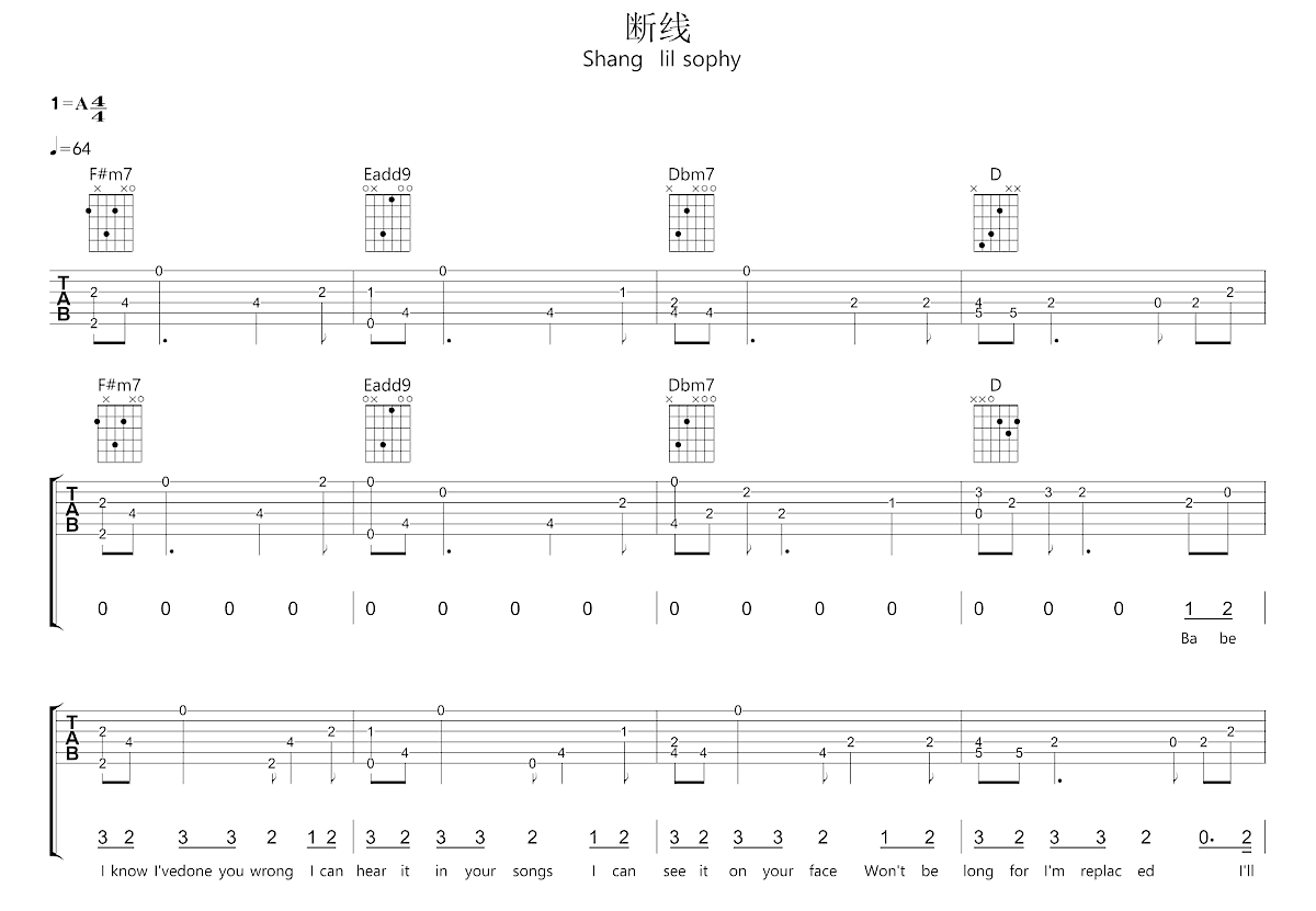 断线吉他谱_shang,lil sophy_a调弹唱吉他谱78%原版 - 吉他世界