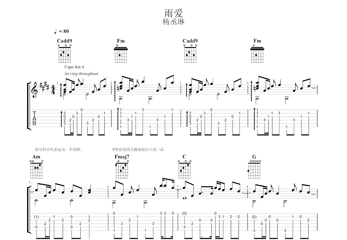 杨丞琳《雨爱》吉他谱弹唱E调及教学视频 大树音乐屋 - 热门吉他谱教学视频 - 吉他之家