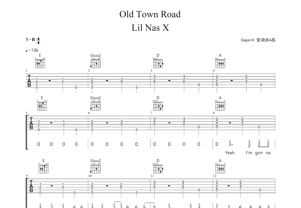 Old Town Road吉他谱_Lil Nas X_G调弹唱77专辑版 吉他世界