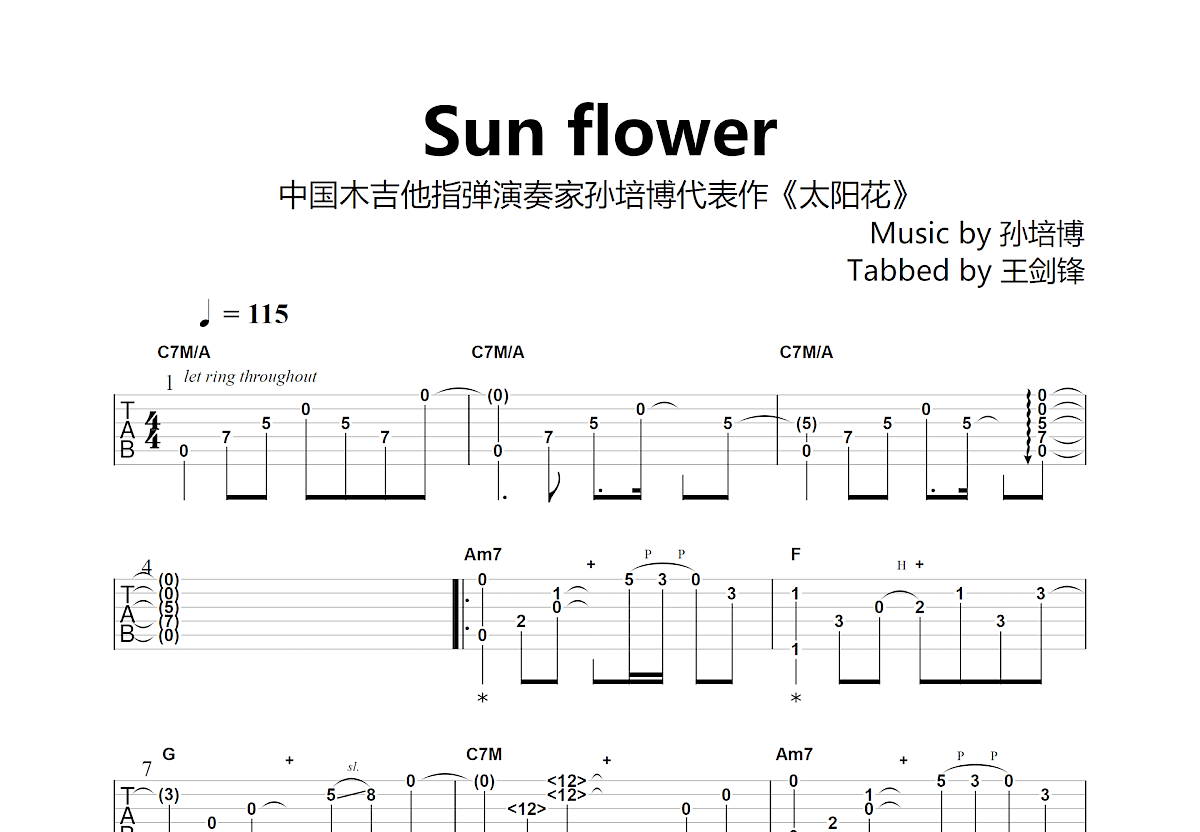 Sunflower太阳花吉他谱 孙培博 a小调原版指弹谱 附音频-吉他谱中国