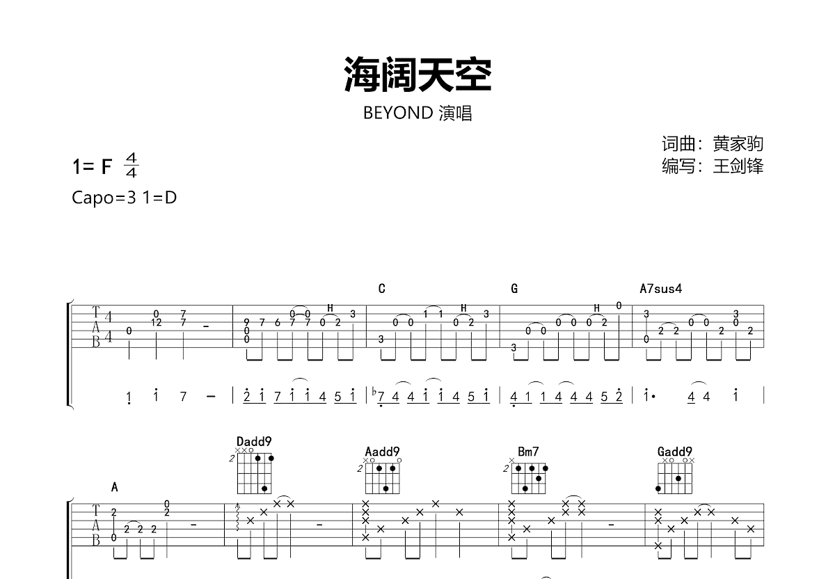 信乐团 - 海阔天空 [弹唱 彼岸吉他] 吉他谱