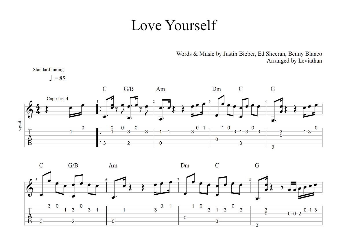 《Love Yourself》吉他谱_吉他弹唱视频教学_C调简单版-吉他派