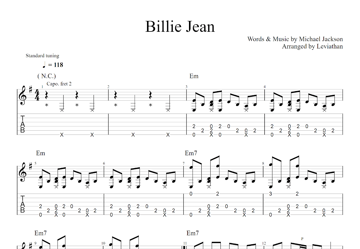 郑成河《Billie Jean》吉他谱_C调简单版_指弹_六线谱-吉他客