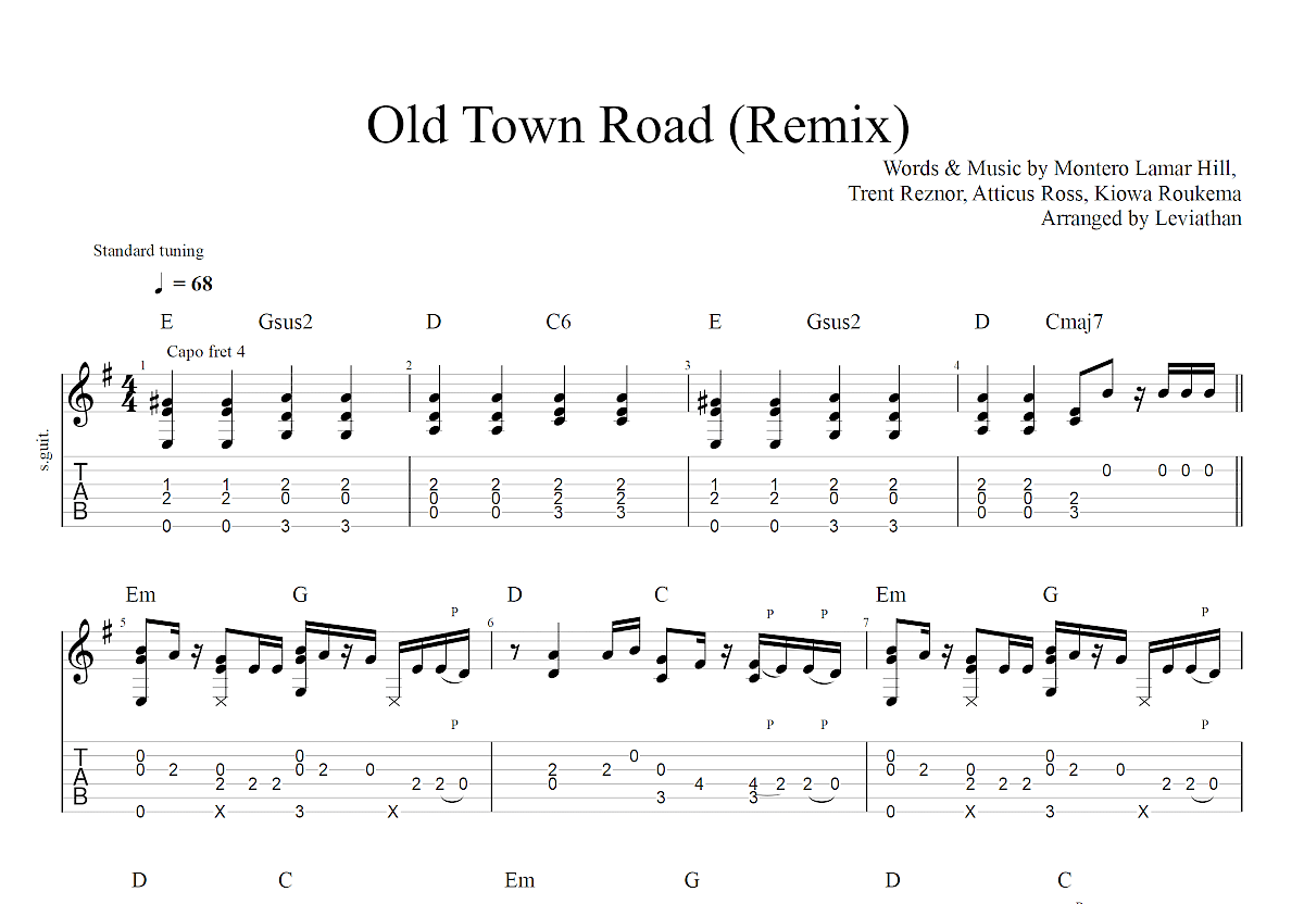 old town road吉他谱_lil nas x,billy ray cyrus_g调指弹吉他谱