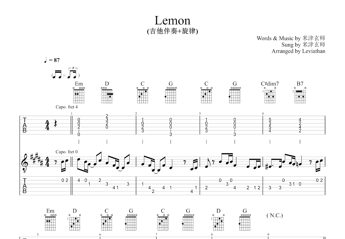 Lemon吉他谱-指弹谱-b/cb-虫虫吉他