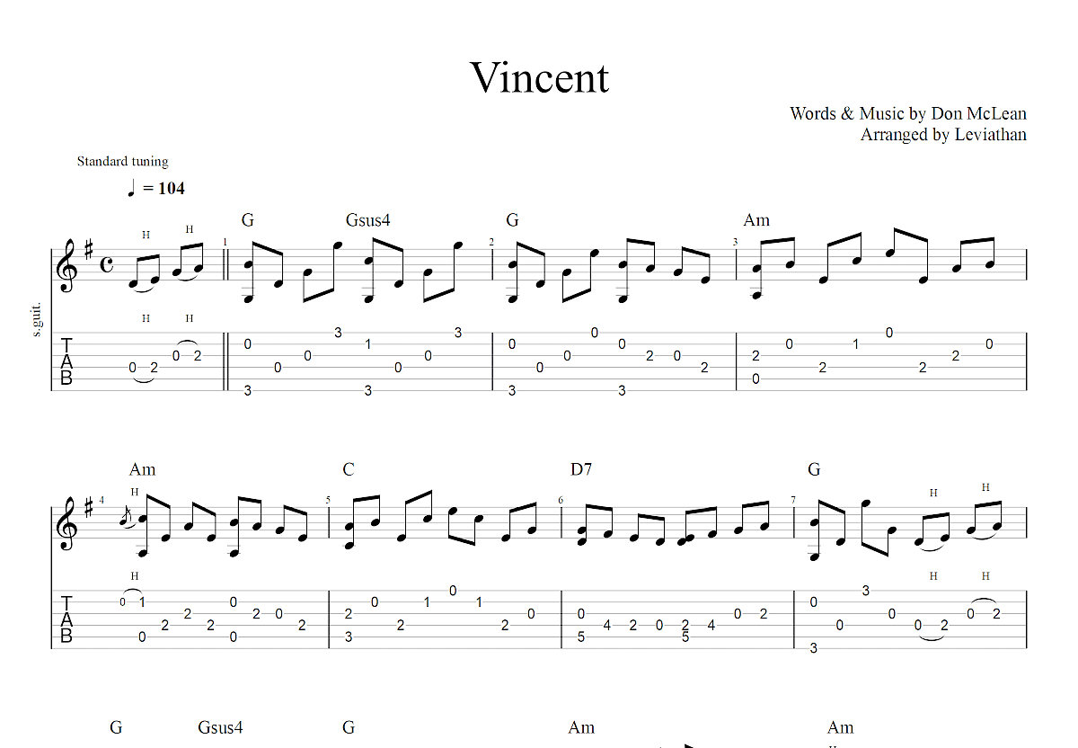《Vincent》吉他简谱G调指弹谱Don McLean - 吉他曲谱 - 师谦曲谱网