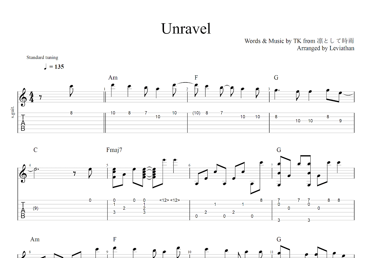 《Unravel【简易版】,钢琴谱》凛として时雨（五线谱 钢琴曲 指法）-弹吧|蛐蛐钢琴网