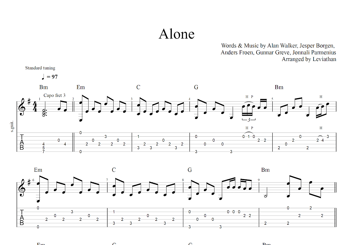 alone吉他谱指弹原版图片