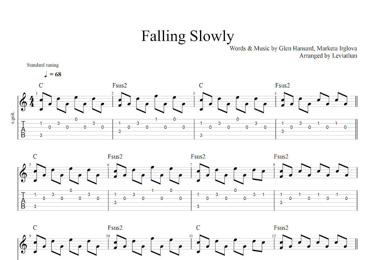 Falling Slowly (from Once) by Glen Hansard & Marketa Irglova - Guitar Lead Sheet - Guitar Instructor