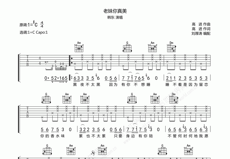 老妹你真美吉他谱_韩东_升c弹唱_传吉吉他编配 吉他世界