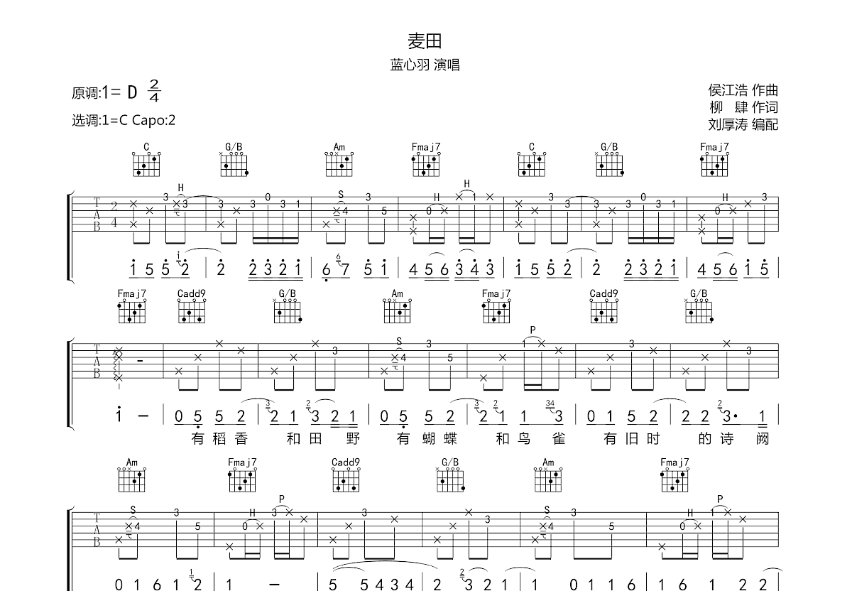 麦田吉他谱_蓝心羽_c调弹唱吉他谱75%原版 - 吉他世界