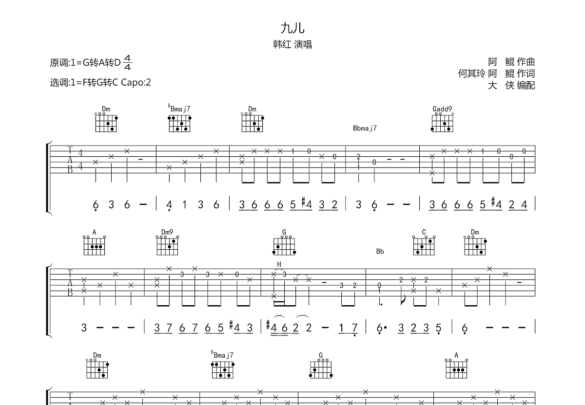 九儿吉他谱 - 韩红 - G调吉他弹唱谱 - 完整编配版 - 琴谱网