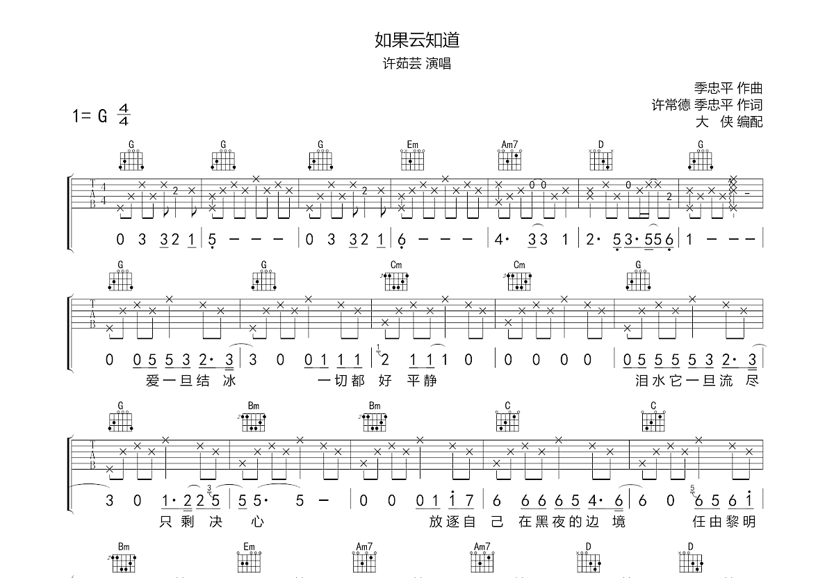 许茹芸《如果云知道吉他谱》G调原版弹唱谱-曲谱热