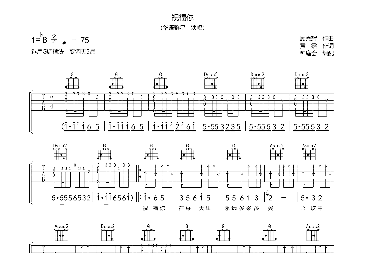 祝福你吉他谱粤语图片