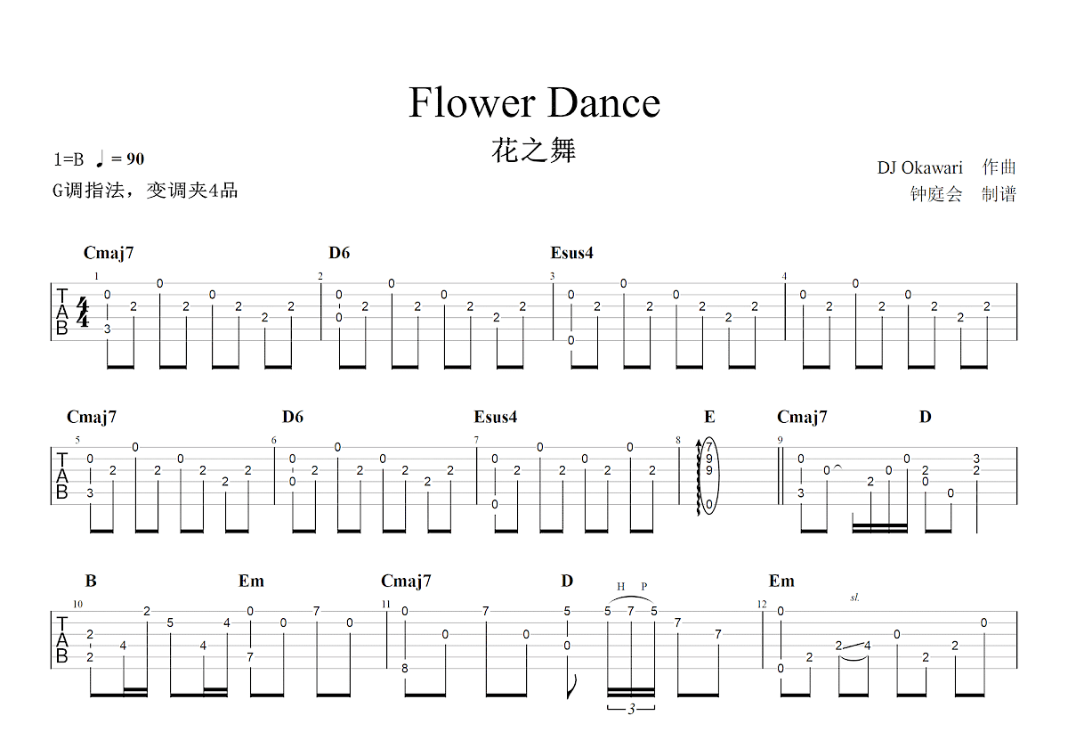 Flower Dance吉他谱 DJ Okawari 入门B/C♭大调流行 弹唱谱-吉他谱中国