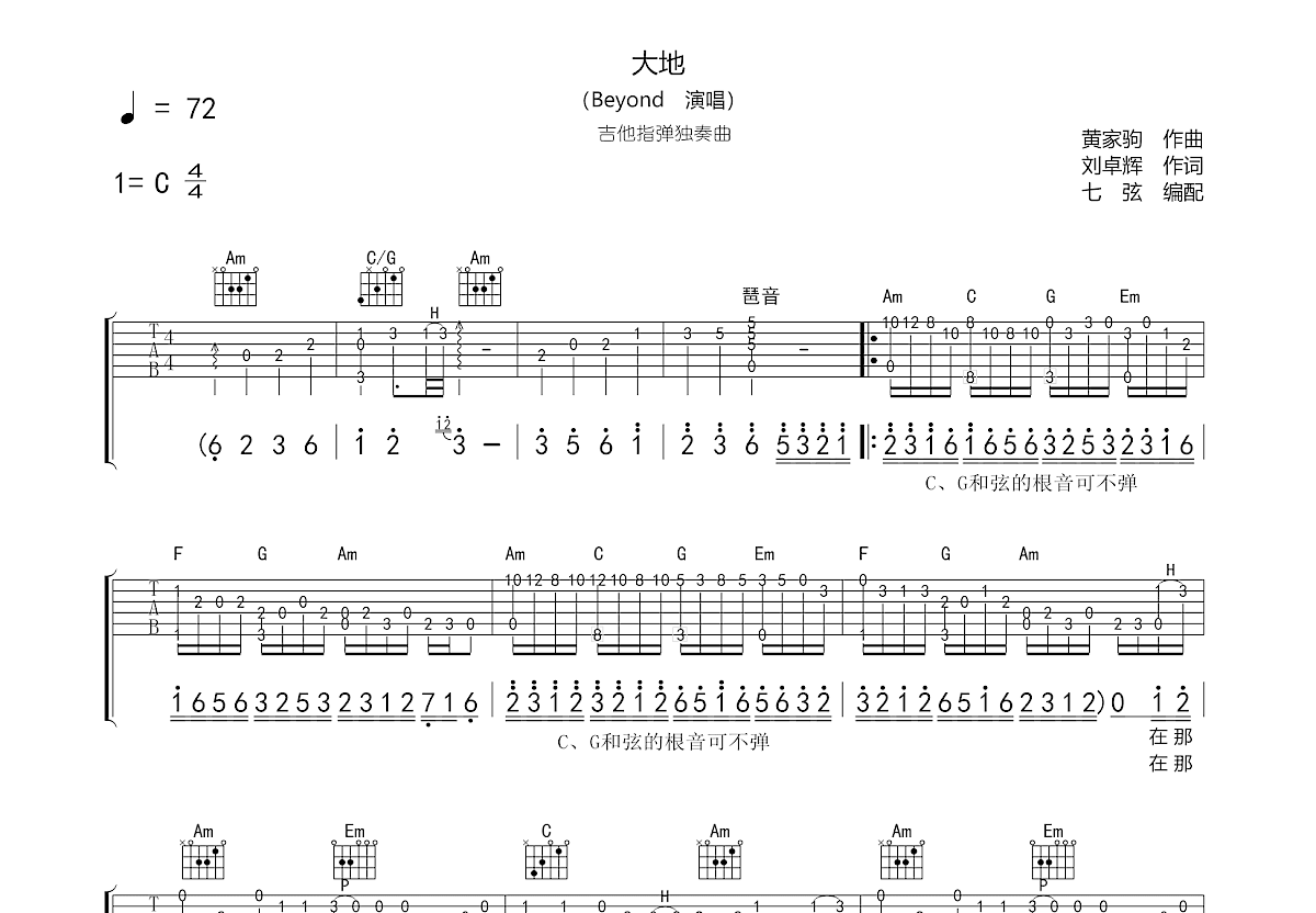 大地 吉他 扫描版 Beyond 吉他谱 和弦谱,简谱,五线谱