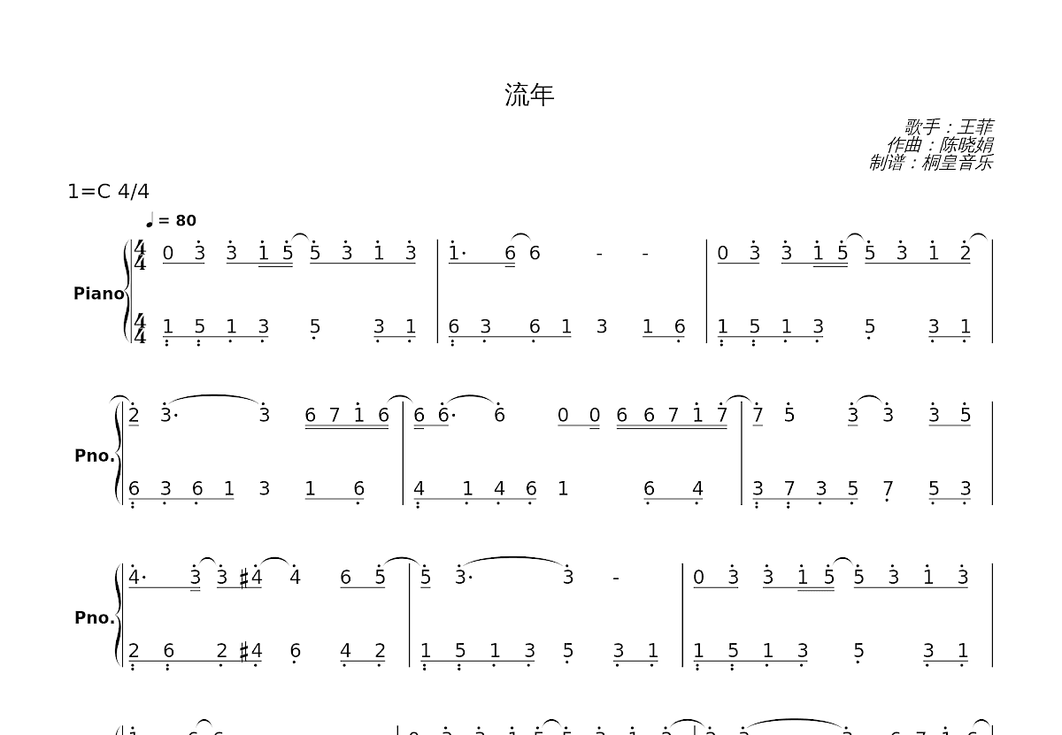 《流年》吉他谱 - 用弹唱节奏型编配 -选调C调 - 王菲六线谱精选 - 国语 - 易谱库